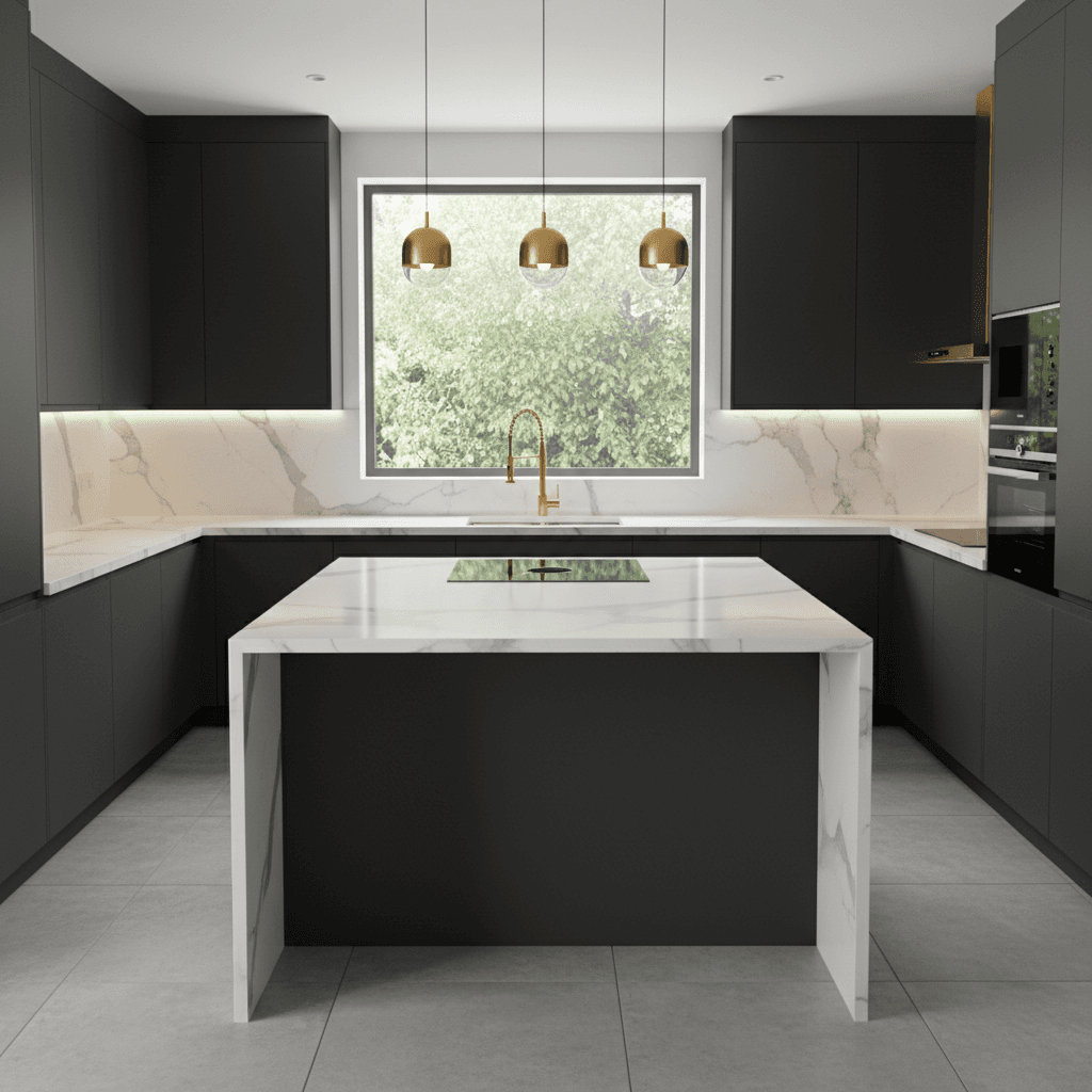 Modern kitchen with dark cabinets, white countertops, and a gold faucet