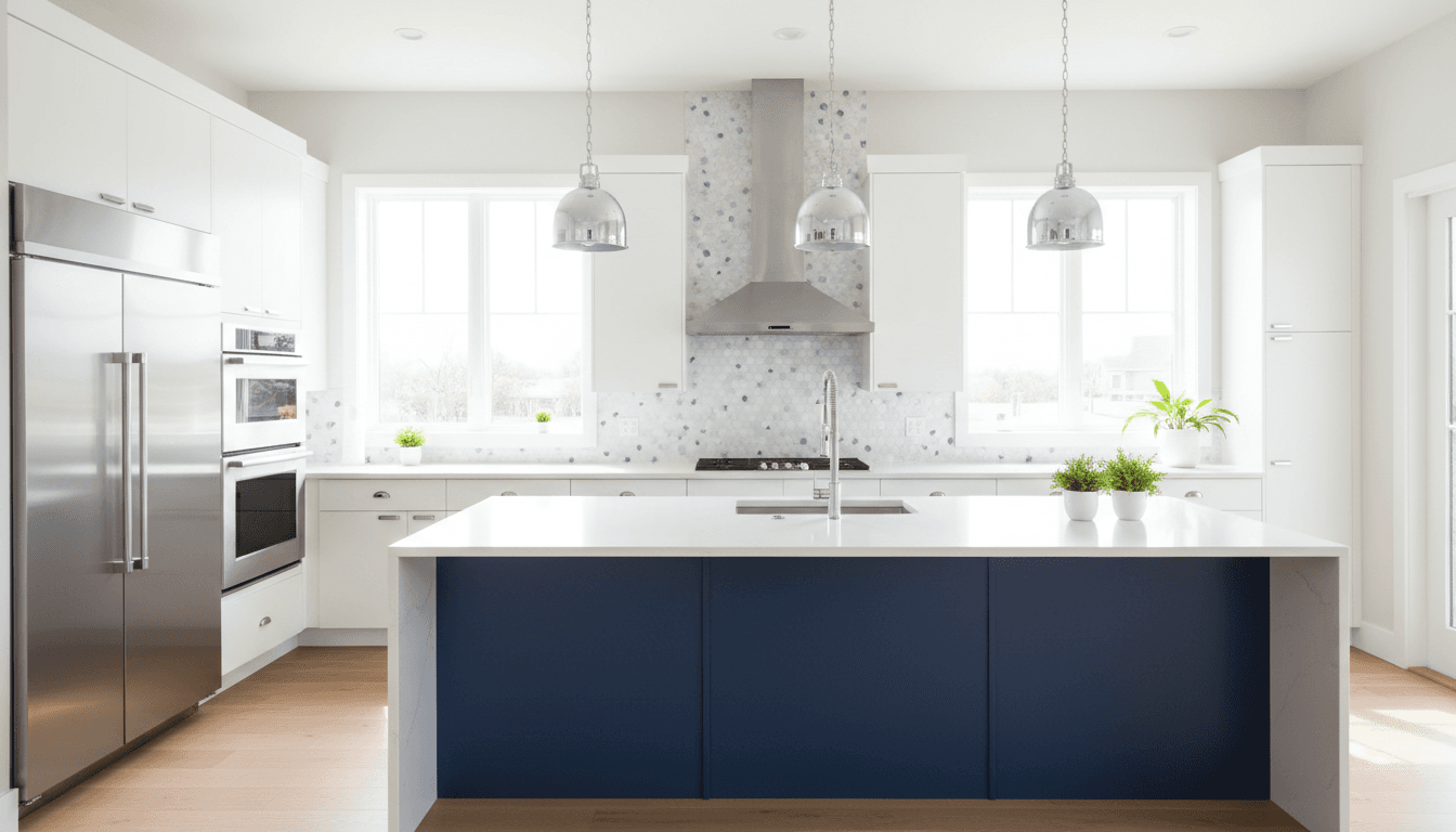 Modern kitchen remodel with white cabinets and a blue island