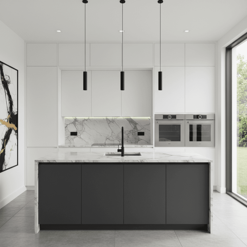 Modern kitchen with white cabinets, dark base cabinets, and a marble countertop