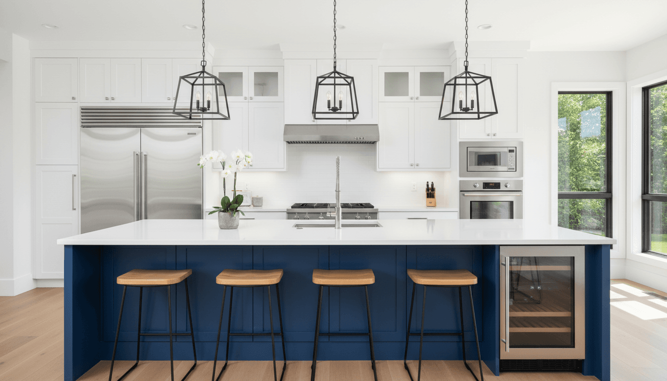 Modern kitchen with white cabinets, a blue island, and stainless steel appliances