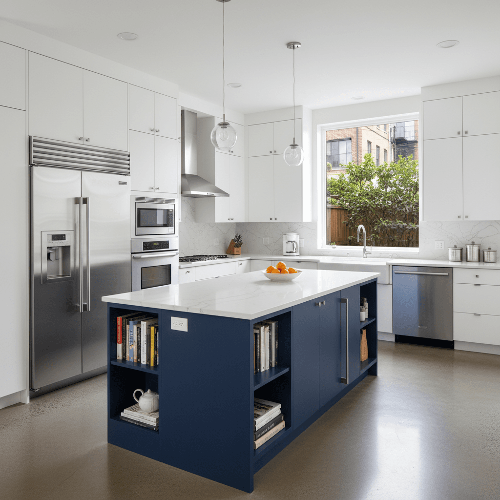 Modern kitchen with white cabinets, a blue island, and stainless steel appliances