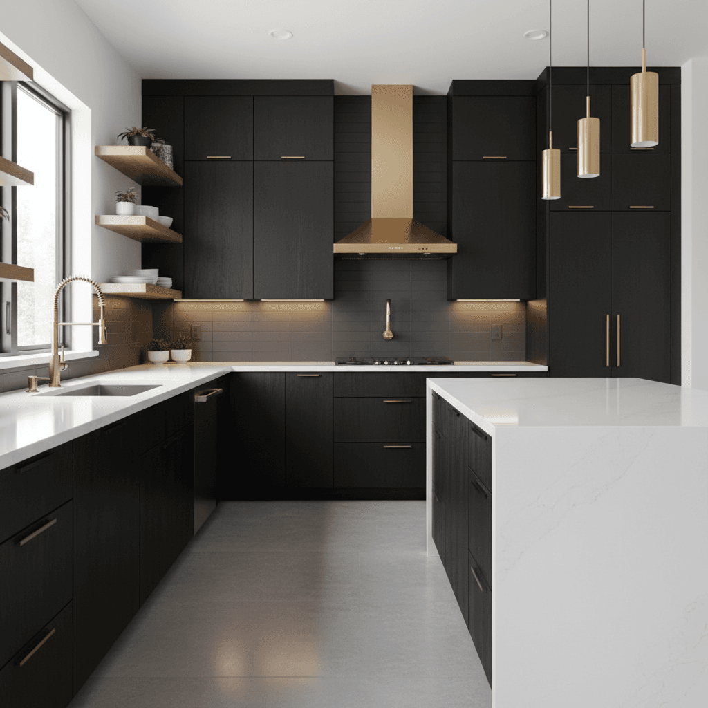 Modern kitchen with dark cabinets, white countertops, and a gold faucet