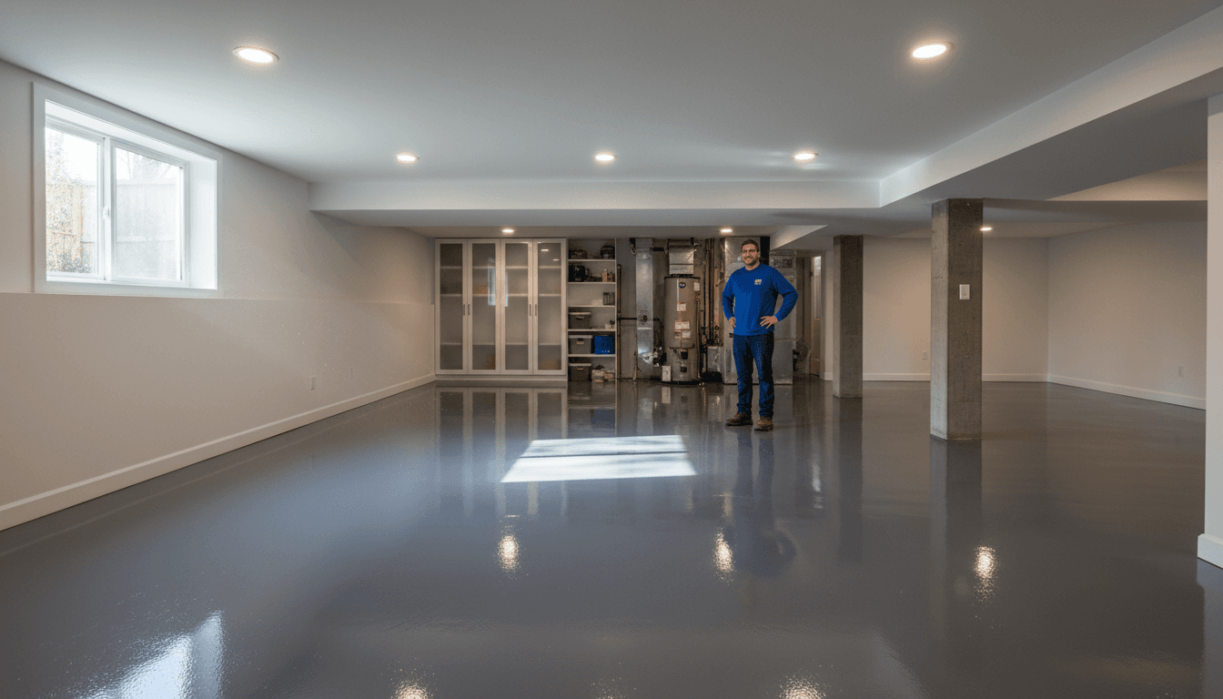 Finished basement interior with modern lighting and clean finishes