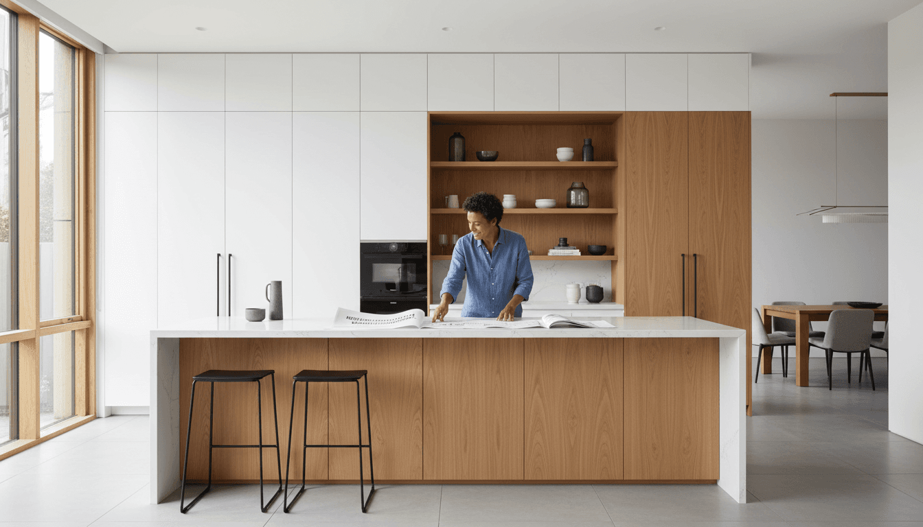 Modern kitchen with white cabinets, a blue island, and stainless steel appliances