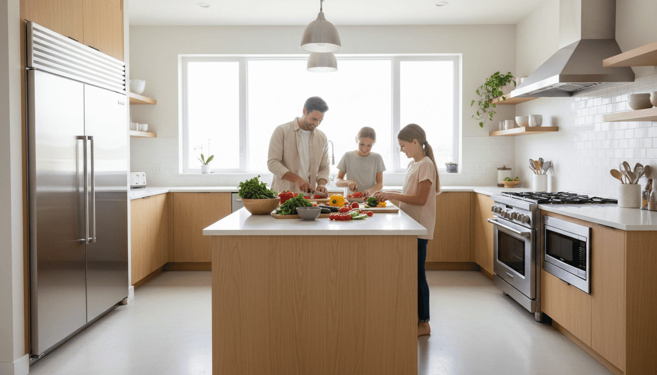 Modern kitchen with white cabinets, a blue island, and stainless steel appliances