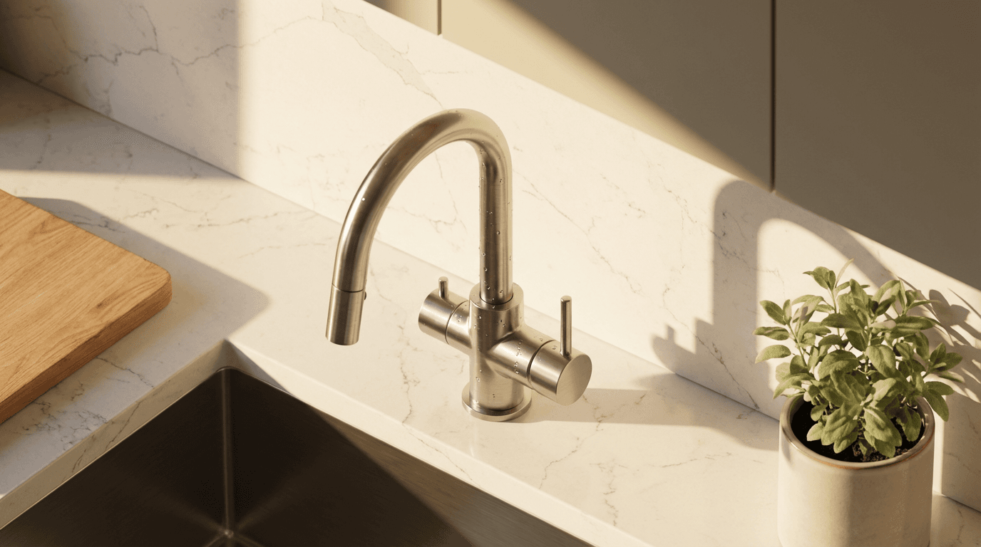 Modern kitchen with dark cabinets, white countertops, and a gold faucet
