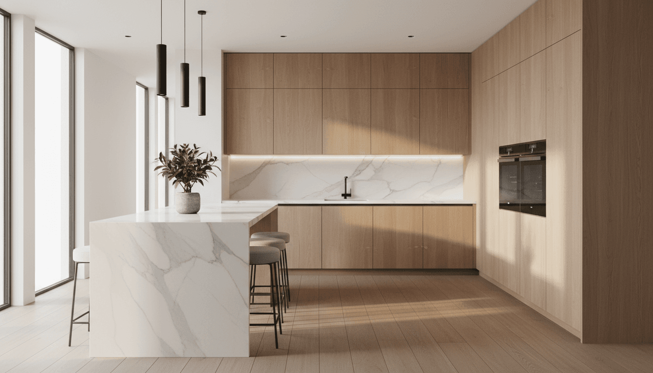 Modern remodeled kitchen with dark cabinets and a gold faucet