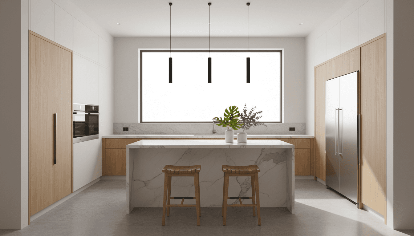 Modern kitchen with dark cabinets and gold faucet