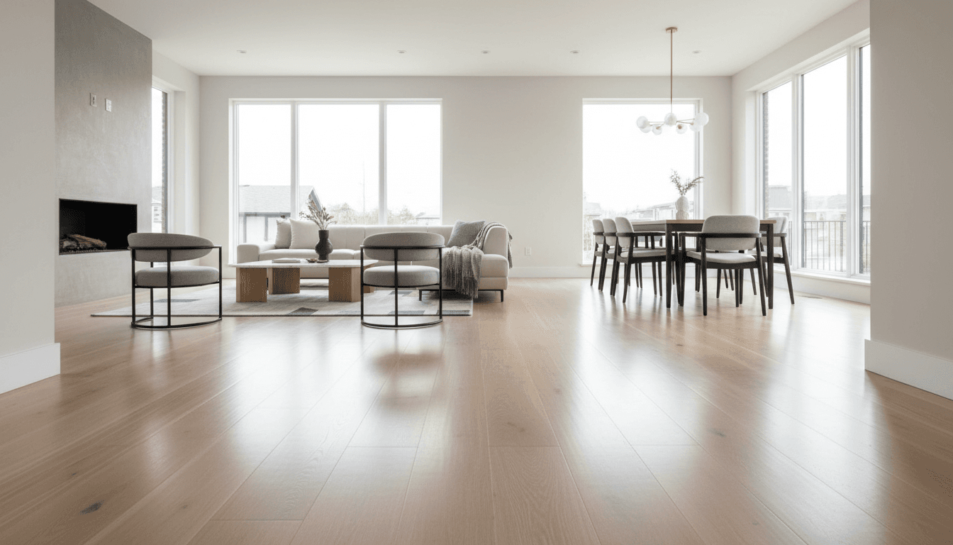 Bright open concept living room with hardwood floors and fresh interior paint