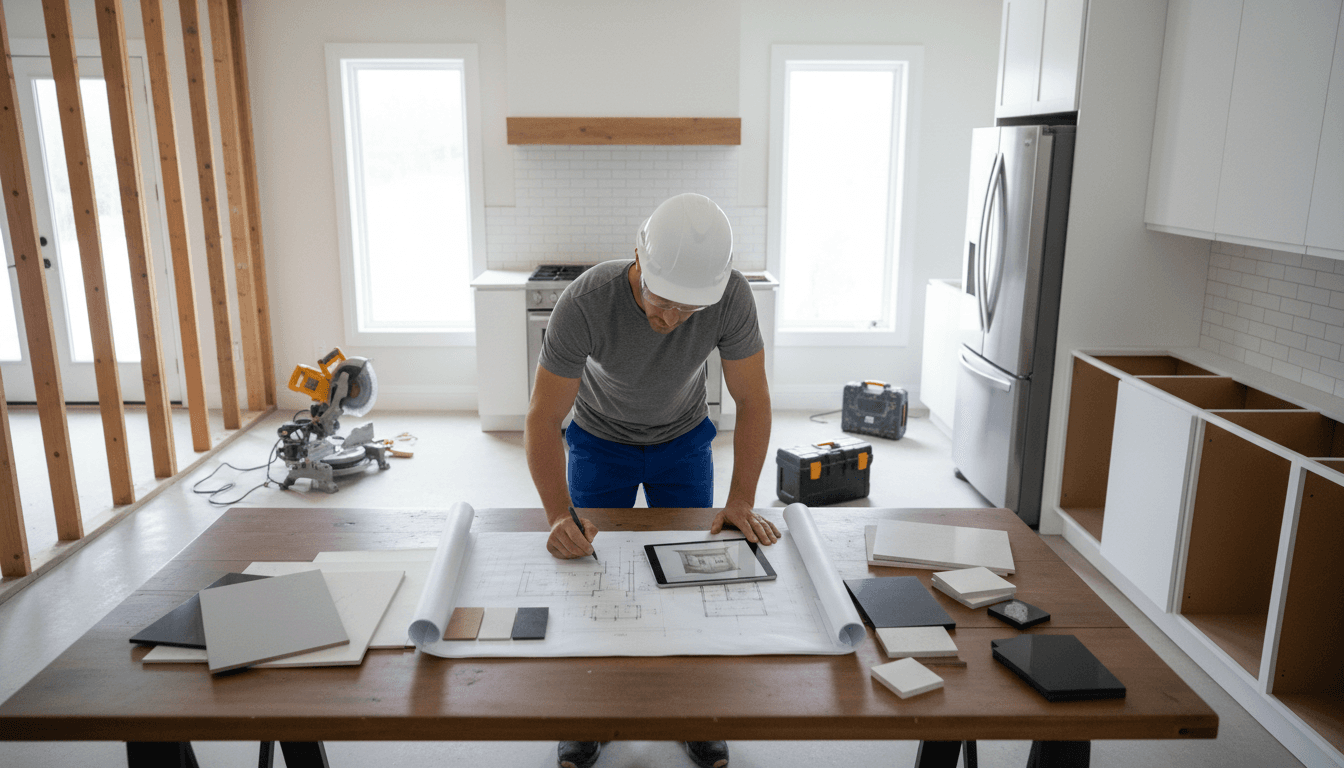 Mike and a homeowner reviewing project plans together in a bright renovated kitchen