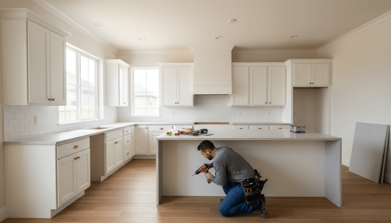 Modern kitchen with dark cabinets, white countertops, and a gold faucet