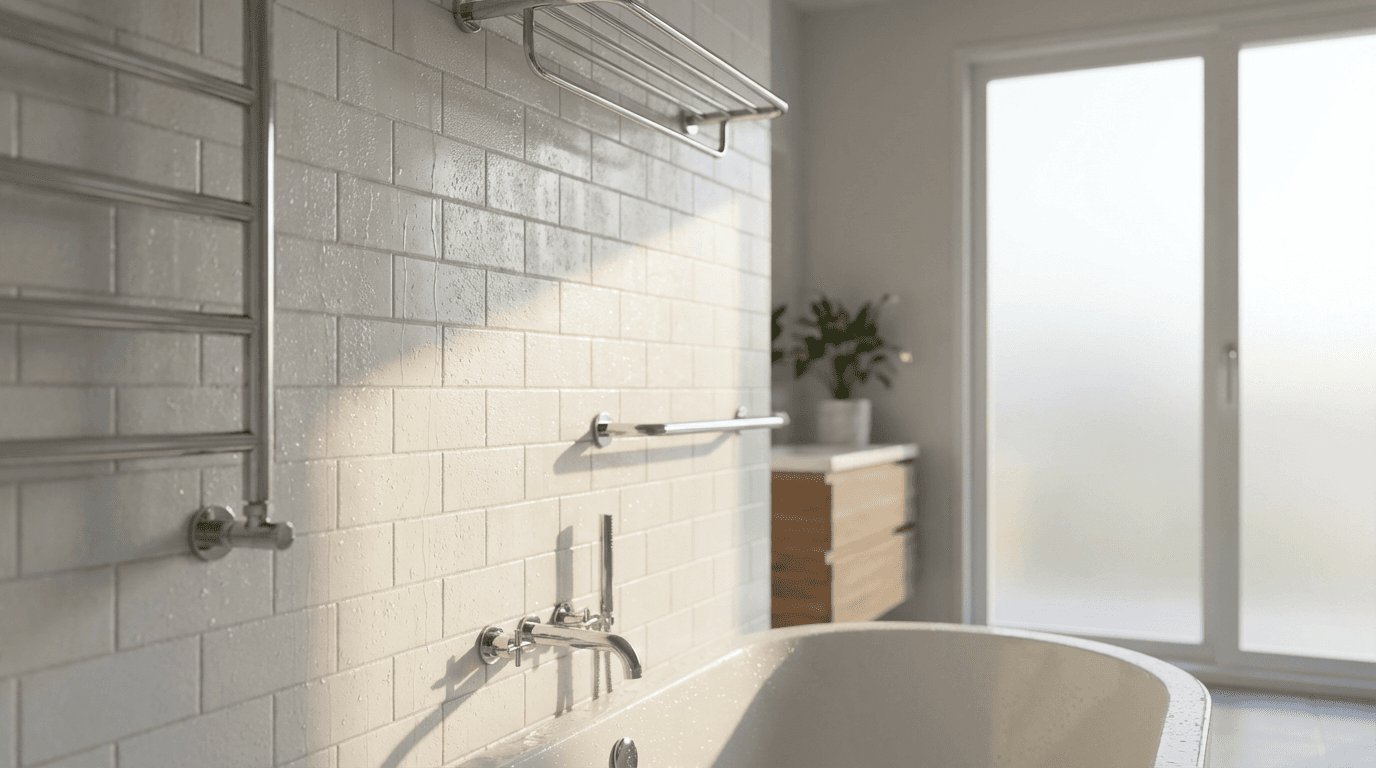 Sunlit Seattle bathroom with white subway tile shower, walnut vanity, brass fixtures, and a round mirror over a marble-topped sink