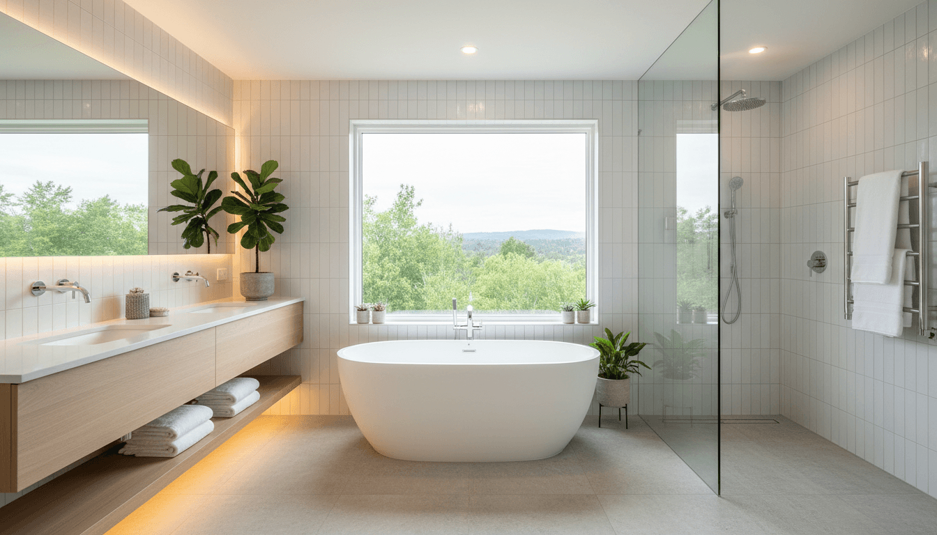 Spa-like primary bathroom with a freestanding soaking tub, herringbone floor tile, and a glass-enclosed walk-in shower with black hardware