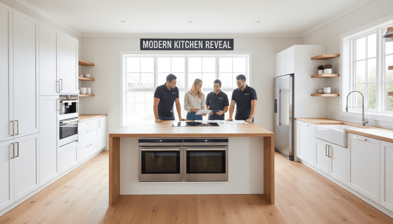 Contractor shaking hands with a homeowner in a newly remodeled kitchen