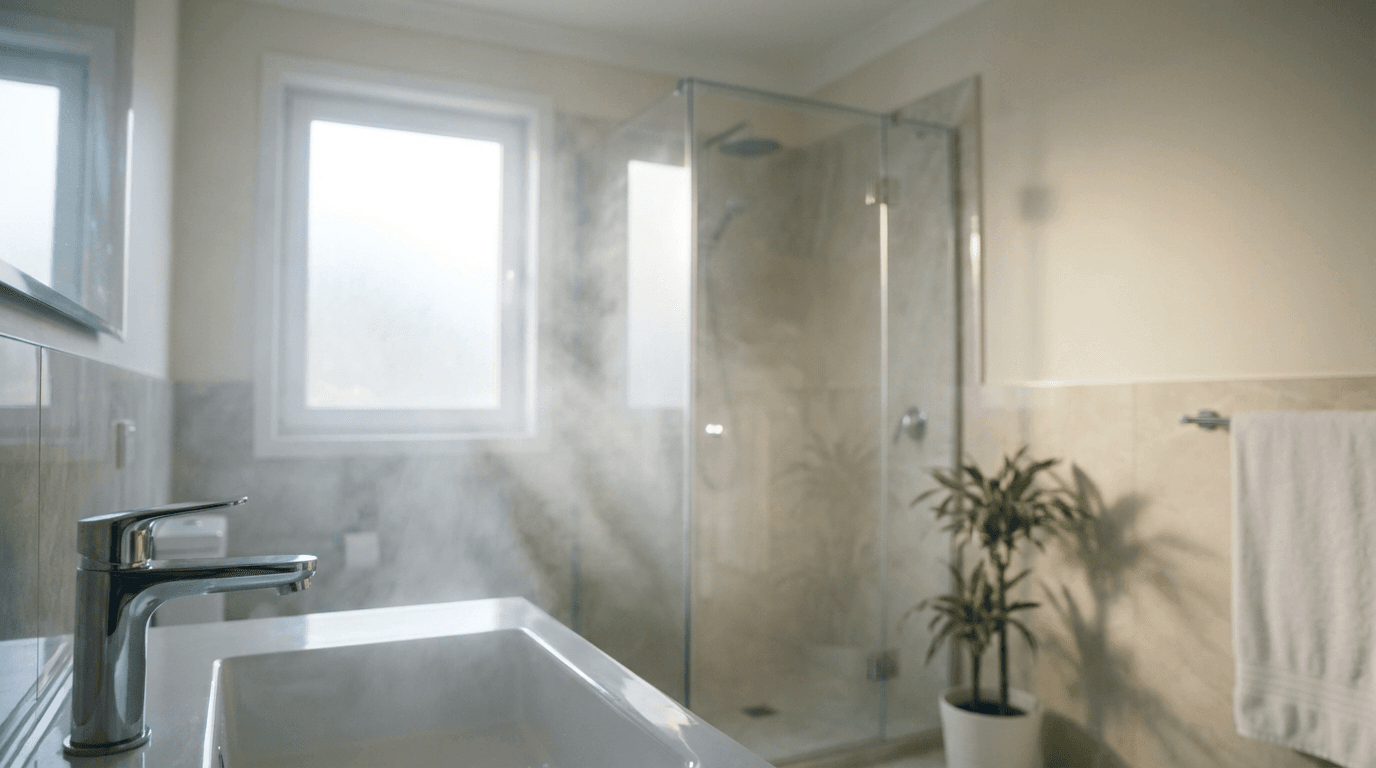 Compact guest bathroom with mint ceramic tile, a pedestal sink, chrome faucet, and a frameless shower door in warm afternoon light